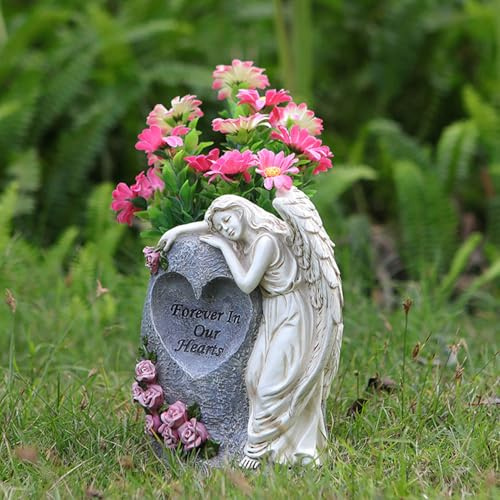 Engel Grabvase mit Solarleuchten Friedhofsvase aus Kunstharz Grabstein,Grabvase Ornamente Verzierung als Grabdekoration Wetterfeste Friedhofsvase Kunststein Vase Grabstein Dekoration (Weiß)
