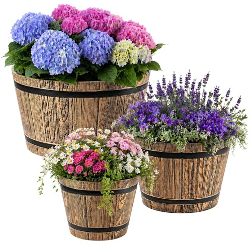 KADAX Set med 3 växtkrukor i träfatsdesign, Ø 23 cm + 30 cm + 40 cm, i väderbeständig plast, för trädgård, terrass och balkong, dekorativ blomkruka, mockabrun, damm med vattenhink