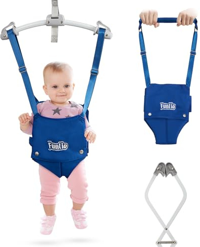 FUNLIO 2-in-1 Baby-Türspringer mit Türklemme und Laufgurt für 6-24 Monate. Stabiler Sprungmechanismus mit verstellbarem Gurt, einfach zu montieren und zu verstauen - Blau