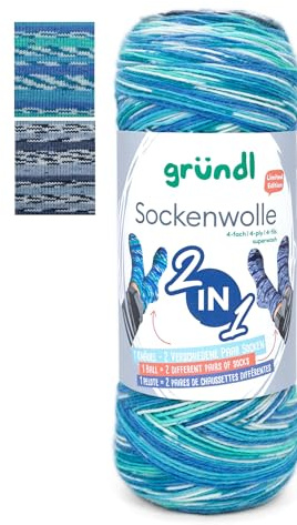 Gründl 2-in-1 Sockenwolle, 75% Schurwolle 25% Polyamid, 200g/840m, für 2 Paar Socken, Nadelstärke 2-3mm (01)