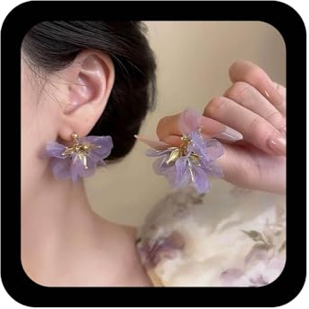 Xduargs Boucles d'oreilles pendantes en forme de fleur de lys en satin violet bohème - Légères - Pour femme, Zinc