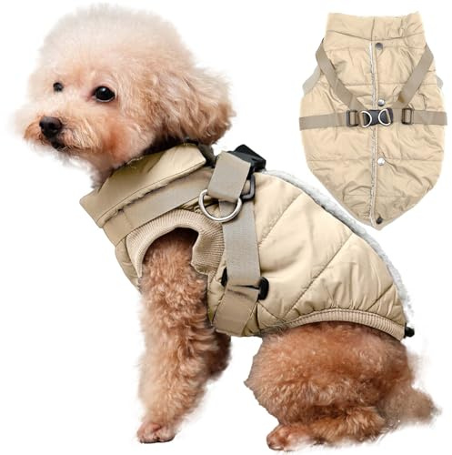 JoyDaog Chaqueta con arnés para perros, con forro polar, cálida, suave, resistente al viento, abrigo para el invierno, para perros pequeños y cachorros, color caqui, talla XS
