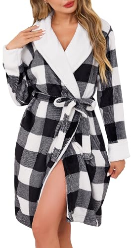Vlazom Dam lyxig morgonrock, flanell mjuka dammorgonrockar varm fluffig badrock sjal krage myskläder & nattkläder UK 6-26, Svart, XL