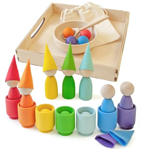 Ulanik Große Regenbogen Steckpuppen und Bälle in Tassen Montessori Spielzeug ab 3 Jahre + Puppen Sensorik Holzspiele zum Farben Lernen — 7 Zwerge