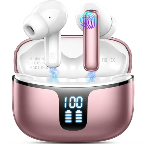 Btootos Wireless Earbuds Bluetooth 5.3 Headphones Bass Stereo Ear Buds with Noise Cancelling Mic LED Display in Ear Earphones IP7 Waterproof 40H Playtime for Laptop Pad Phones Sports Workout oro rose