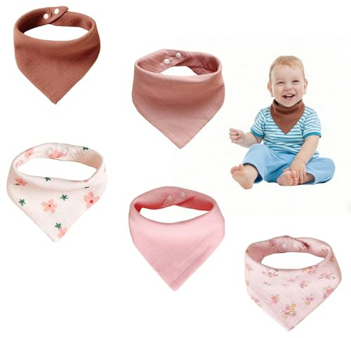 Foonary Pack de 5 baberos para bebé, muselina, pañuelo triangular, babero, babero triangular, babero de algodón, suave y altamente absorbente, para niños y niñas, ajustable