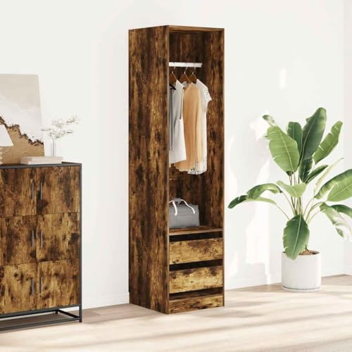 RuiNingRN Armario con cajones, 50 x 50 x 200 cm, roble ahumado, armario de lavandería con barra y compartimento para dormitorio, pasillo, habitación infantil
