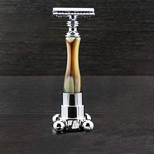 Modernes Vintage Rasiermesser und Halter Luxus Combo Classic Horn Rasiermesser Unzerbrechlicher Harzgriff und Edelstahl Rasiermesserhalter Stand Männer Pflege Werkzeuge
