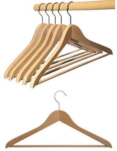 HAGSPIEL 12 St. Kleiderbügel aus Buchenholz, Holz aus nachhaltiger Forstwirtschaft mit EUDR, Natur lackiert (Wasserlack), silberfarbiger drehbarer Metallhaken, Made in Austria (mit Steg)