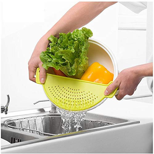 2 Pcs Premium Plastic Half-Moon Pan Strainer/Pot Drainer - Food Filter Board Sieve Draining Spaghetti, Pasta, Grease, Vegetable, Fruit, Fits Upto 9.5 inch Pot - Plus Reusable Silicone Bottle Caps