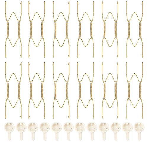 PFativant 12Pcs Support Assiette Decorative 6Pouce Cintres Assiette Cintres Plaque Murale avec 12Pcs Crochets Muraux pour Assiettes et Art Acier inoxydable, Doré