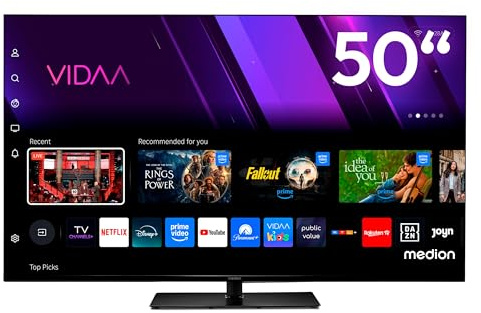 MEDION TV 50 Pouces 4K (125,7 cm) Television (Smart TV 4K, Dolby Vision HDR, VIDAA Store, Prime Video, Disney+, DAZN, HbbTV, PVR, Bluetooth, MD 850300)
