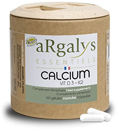 Calcium Vitamine D3 et K2 (MK7) - Santé Osseuse et Immunité - Vegan - Haute Absorption - Minéraux Essentiels pour Os, Muscles et Dents - Fabriqué en France - Jusqu'à 2 mois de cure - Argalys