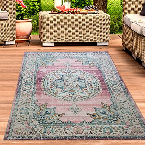 CARPETIA In- & Outdoor Teppich Ornamentmuster Rosa Creme 200x290 cm | Pflegeleicht, strapazierfähig und farbecht, OEKO-TEX geprüft, für Fußbodenheizung, Balkon, Terrasse, Küche & Wohnräume