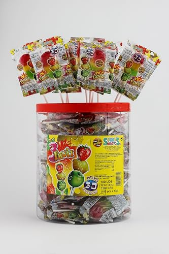 3Fruit. Piruleta con forma de semafóro. Sabores frutales. Bote 100 uds con envuelto individual.