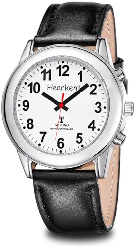 Hearkent Montre parlante Atomique française pour malvoyants, aveugles ou Personnes âgées avec Grands Chiffres et Bracelet Extensible (Cuir Noir, Homme)