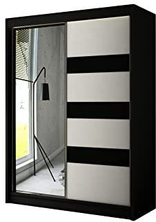 ALTDECOR Kleiderschrank mit Spiegel und Schiebetüren, Lacobel, kugelgelagerte Führungsschienen und Aluminium-Leisten, LED-Beleuchtung (17 Farben) und Fernbedienung - LOSTE- 120 cm cm Schwarz - Schwarz