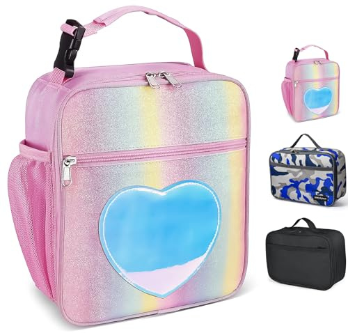 GRKJGytech Insulated Lunch Bag for Kids Girls Pink Rainbow Glitter Portable Leakproof Kids Lunch Box for Women Food Drink Pack Cooler Bag for Work School Picnic Camping