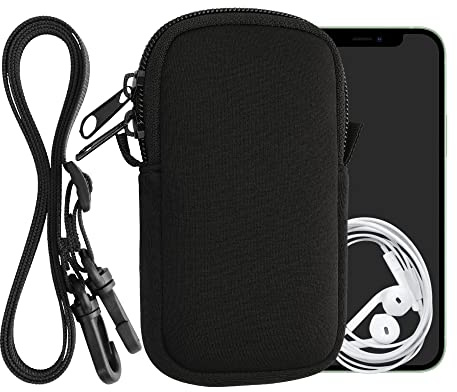 kwmobile Handytasche für Smartphones XS - 3,5/4 - Neopren Handy Hülle Schwarz mit Kordel - Handy Tasche mit Handykette 12,5 x 6,5 cm Innenmaße