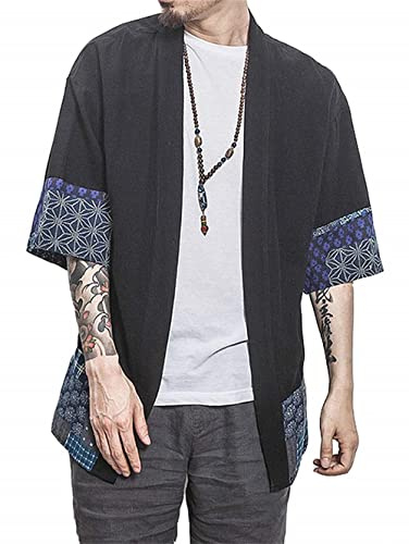 perdontoo Camicia Kimono T-Shirt Uomo Cardigan Giacca Top Casual Camicetta Vintage Elegante Estiva Coppia (Nero, M)