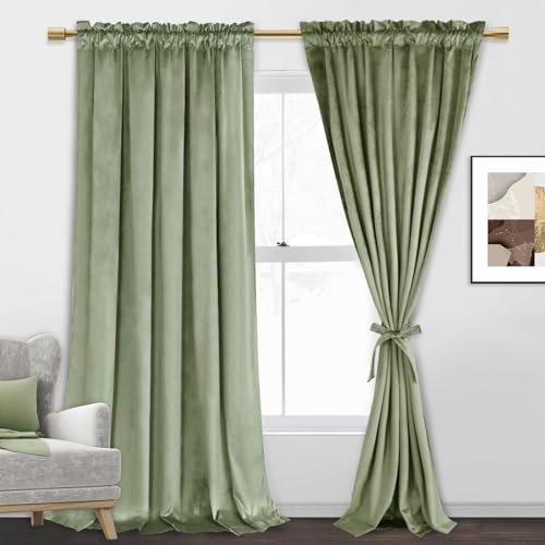 JIUZHEN Velvet Curtains 108 inches - Sage Green Room Darkening Privacy Rod Pocket Window Curtains for Bedroom Living Bedroom Patio Door, 70W x 108L, 2 Panels with Tiebacks
