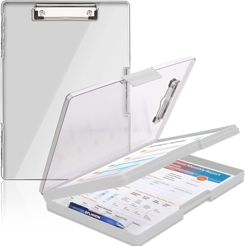 Clipboard with storage, heavy duty, 21.6 x 28 cm, with 2 storage compartments, clear front compartment, side opening, office supply folder - light grey