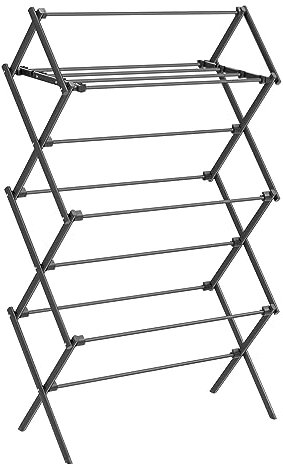 SONGMICS Foldable Clothes Airer, Clothes Drying Rack, Compact Clothes Horse Dryer, Laundry Rack, Steel Frame, 37 x 75 x 135.1 cm, Easy Assembly, Indoor Outdoor Use, Black LLR770B01