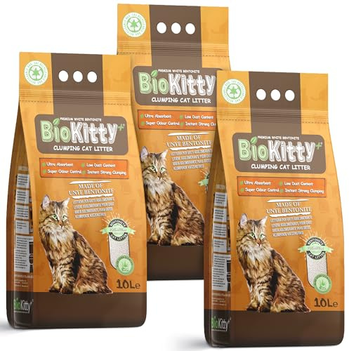 BioKitty Clumping Cat Litter, 30L Highly Absorbent Natural Bentonite Minerals Cat Litter, Long Lasting Odour Control, Maximum Hygiene with Strong Clumping (Aloe Vera, Pack of 3)