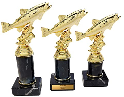 eberin · Angler Pokale · Angeln Pokal · Fisch Pokal · Lachs Forelle Gold auf Säule / Marmor schwarz · Angelurlaub Norwegen · Angelverein Ehrenpreis · Auszeichnung · Pokal · in 3 Größen · mit oder ohne Gravur ·