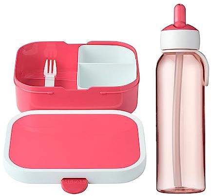 Mepal Campus - Set pranzo pieghevole - Bottiglia d'acqua per bambini con cannuccia - Scatola per bento con inserto e mini forchetta - Gassificata - Anti-perdite - Rosa