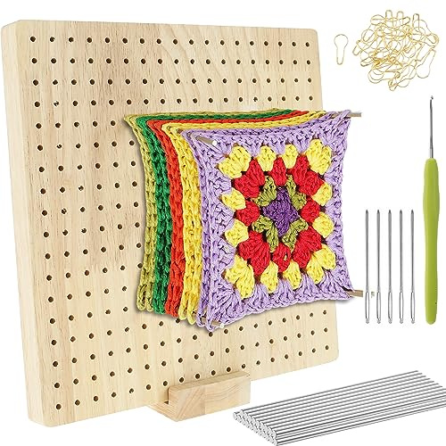 23,5 cm Häkel-Blockierbrett und Nadel, Holzblockierbrett zum Häkeln mit 20 Stahlstäben, Häkel-Blockierbrett mit Ständer, Oma quadratisches Blockierbrett für Anfänger, Strickliebhaber, Häkeln