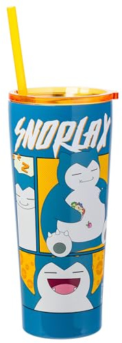 Silver Buffalo Pokemon Snorlax Eating Sleeping Happy Double Walled Stainless Steel Tumbler with Straw, 22 Ounces