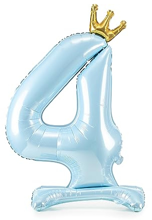 Stehender Folienballon 4. Geburtstag Junge XXL Ballon 4 Standfuß Ballon 4 Kindergeburtstag Luftballon Zahl 4 Hellblau goldene Krone