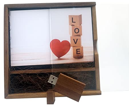 Desuerte Chiavetta USB da 16 GB in legno di noce e scatola in legno di noce trasparente per matrimoni, fotografie, coppie, (170 mm x 170 mm x 35 mm)