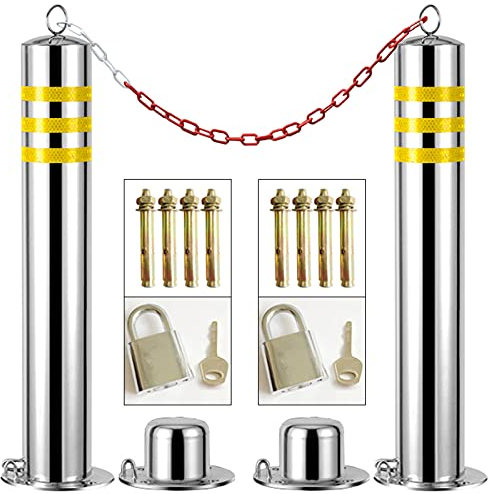 Wzmazingly 2 Pcs Parkpfosten Parkplatzsperre, Abnehmbar Edelstahl Parkbügel Poller, Hohe Sichtbarkeit Silber Und Gelb Sicherheit Parkpfosten Mit Vorhängeschloss Und 5m Kette