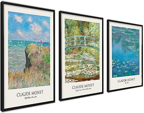 3er Set Poster 50x70cm Mit Rahmen Schwarz Wanddeko Wohnzimmer Schlafzimmer | Claude Monet Botanische Wasserlilien Paintings Wanddeko Wall Art., Ideal als Geschenk, Modernes Design, Hochwertige Qualität