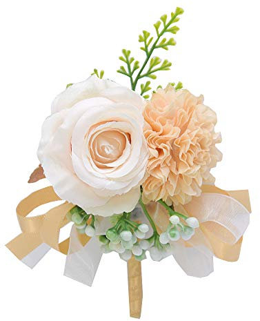 SYSUII Boutonniere Hochzeit Rose- 5 Stück Hochzeit Boutonniere Handarbeit Corsage Künstliche Hochzeit Rose Blumen Hochzeitsanstecker Ansteckblume für Bräutigam Männer Braut Frauen -Champagner Gold