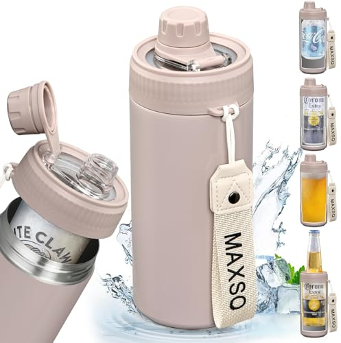 MAXSO Sealed Can Cooler Fizz Lid Can Cover for 12 oz Regular, Slim Skinny Cans & As Thermal Bottle, 4-in-1 Insulated Vacuum Stainless Steel Carbonated Cold Drink Holder - Oat