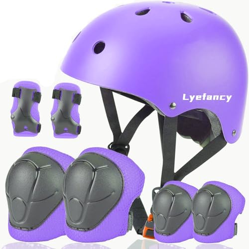 Lyefancy Kids Bike Helmet and Pads Set for 3-13 Years old Boys Girls, Toddler Helmet Protection Gear, Adjustable Safety Kids Helmet Knee Pads Set for Scooter Cycling Skateboard Skating(Purple, M)