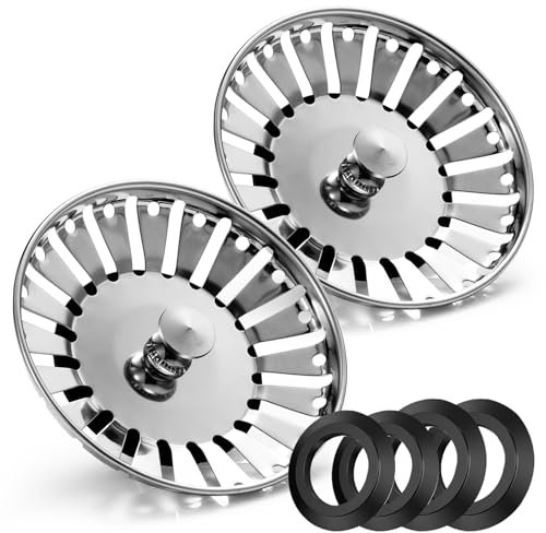 2 Pack Stainless Steel Kitchen Sink Bowl Strainer and Plug, 84mm Kitchen Sink Plug for Single Double Bowl Use, Kitchen Bathroom Food Hair Catcher Filter Stopper - Prevent Clogs, Bad Smells