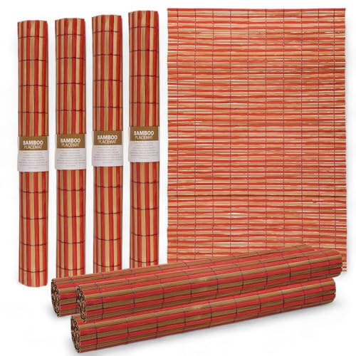 MIJOMA Bambus Platzmatten Set | 4 Stück 30x45cm | Platzdeckchen Tischsets | Robust, Pflegeleicht & Aufrollbar (Rot-Braun)