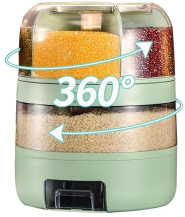 Suafif Double Layer Grain Dispenser, 360° Rotatable Rice Dispenser 22lb Dry Food Storage Container for Kitchen, Clear Rice Bucket With 6 Individual Compartments, for Grains,beans,millet,cereal,Green