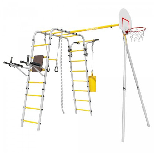 Jeflex GardenMaxx G2 Fitness – Structure d’Escalade Gris-Jaune pour Enfants et Adultes – Aire de Jeux extérieure avec Panier de Basket, Sac de Frappe, Barre de Traction, Anneaux et espaliers
