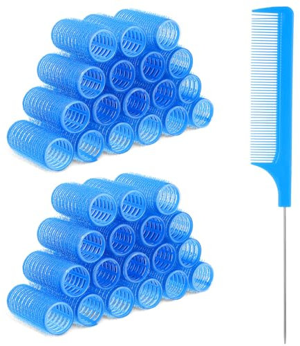 18pcs Self Grip Hair Rollers with Small Comb,Heatless Hair Curler,Plastic Blue Small Hair Rollers for Pro Salon Hairdressing and DIY Hairstyles (0.98 X 2.44 Inch)
