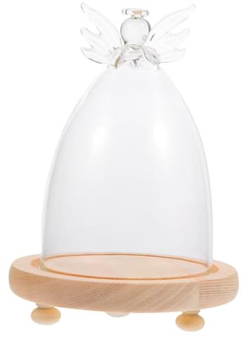 OFFSCH Micro Landscape Glass Dome Angel Design Natural Wood Base Glass Display Cover Bell Jar for Preserved Flowers Tabletop Decoration for Home for Office