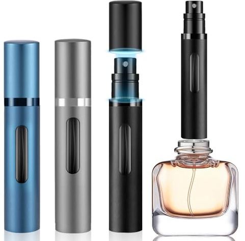 DIOHIO 8ml Perfume Atomizer Travel Refillable,Mini Cologne Dispenser, Bottom-Filling Fragrances Perfumes Bottle,Portable Sprayer Pocket Size for Women Men Cruise Car Trip Gift 3pcs (Black-Grey-Blue)