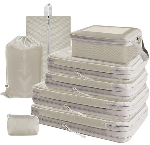 Time Forest 8 Teilige Compression Packing Cubes für Reisen Koffer Organizer Set Kompression Packwürfel für Koffer, Rucksack, Travel bag, Beige