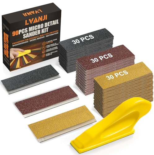 LVANJI 90PCS Premium Micro Detail Sander Kit, Updated 3-in-1 Mini Hand Sanding Block, 60-400 Grit Sandpaper for Wood Crafts, Tight Spaces, and DIY Polishing Projects