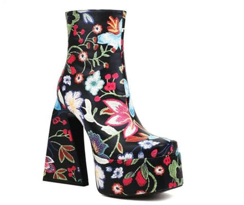 Women's Fashion Boots Ankle Boots 14CM Thick Heel Square Head Embroidered Mid-Calf Boots Ankle Boots Retro Knight Boots