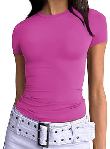 TANMESSO Top corto a maniche corte da donna T-shirt con scollo rotondo, carino Y2K Summer Basics, magliette slim fit per uscite casual e abbigliamento alla moda 2025, Fucsia, S